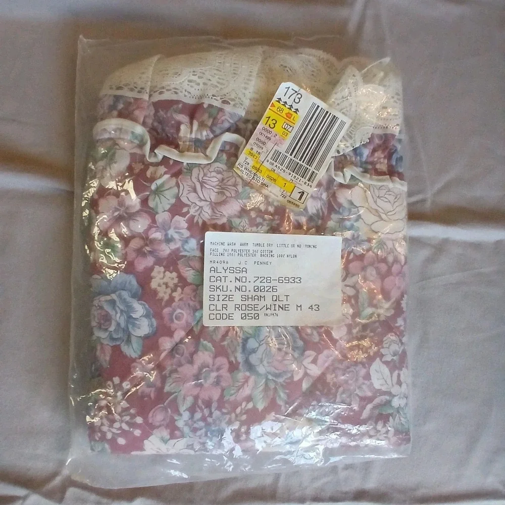 Vtg JC Penney Pillow Sham Pink Floral Eyelet Lace Trim Ruffle Mauve Alyssa NOS